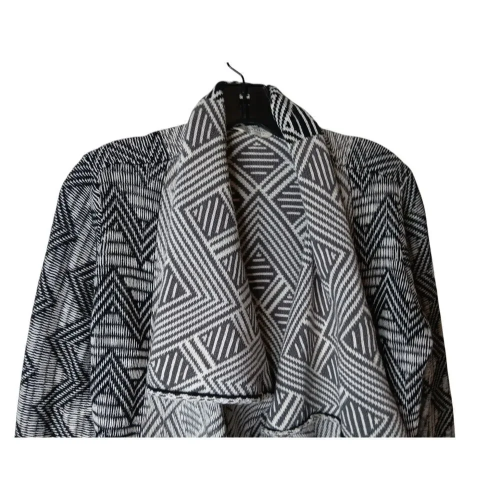 Lucky Brand Women’s Black White Open Front Cardigan Sweater Geometric Aztec M-L